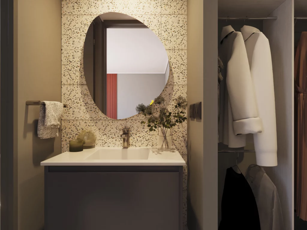 Baño tipo hotel: el lavamanos está separado del baño, permitiendo su uso simultáneo